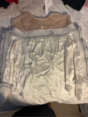 Self-Portrait Ivory Sheer Dotted Yoke Satin Blouse